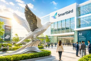 Giant metallic bird sculpture in front of a glass Smartbird building as professionals mingle in the plaza