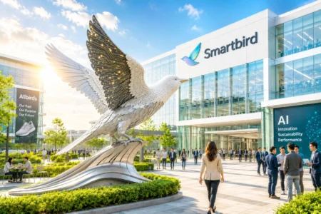 Allbirds Percepat Pivot AI dengan Nama dan CEO Baru Giant metallic bird sculpture in front of a glass Smartbird building as professionals mingle in the plaza