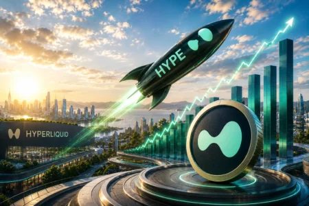 Hyperliquid Salip Tren Pasar, HYPE Dekati US$80 Rocket labeled HYPE launches beside a large Hyperliquid coin with a rising green growth line over a futuristic cityscape.
