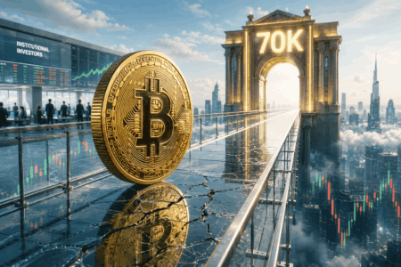 Bitcoin coin on a cracked glass platform with a neon '70K' arch, symbolizing crypto price milestone above a city skyline.