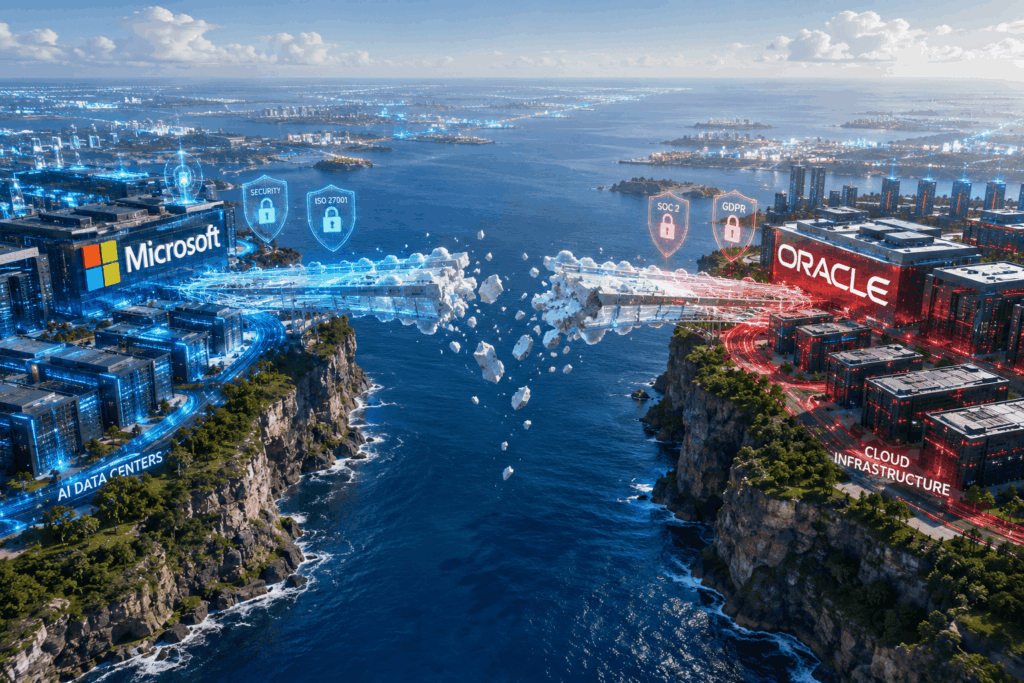 Blue Microsoft data center cluster on the left and red Oracle cluster on the right are connected by a glowing bridge over a canyon, with labels like AI Data Centers and Cloud Infrastructure and security shields above.