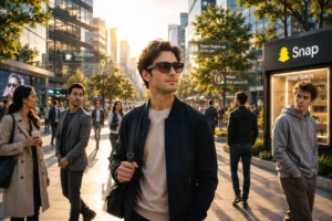 Man wearing smart glasses in a sunny city street; AR bubbles show nearby cafe, stand-up meeting, and a message from Maya amid shoppers and storefronts.