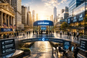 Circular Coinbase information booth on a glass walkway above a canal, surrounded by skyscrapers at sunset
