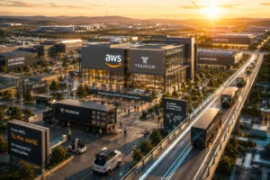 A futuristic tech campus at sunset with AWS and Trainium logos, data centers, trucks, and people showcasing AI infrastructure.