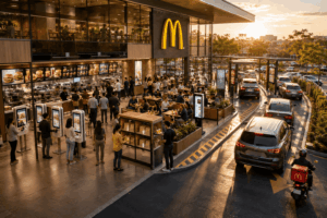 Busy McDonald's with interior dining visible through glass, outdoor self-order kiosks, and a drive-thru line at golden hour.