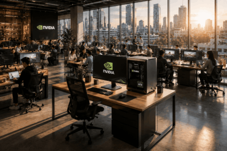 Open-plan NVIDIA office with engineers at desks, NVIDIA logos on screens, and a city skyline at sunset.
