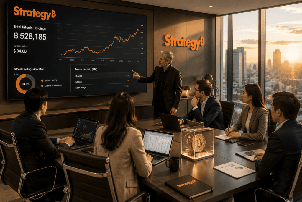 Group of professionals in a boardroom watching a Bitcoin market presentation on a large screen labeled StrategyB with charts and figures visible behind them.