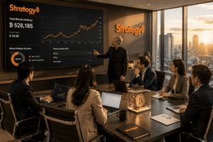 Group of professionals in a boardroom watching a Bitcoin market presentation on a large screen labeled StrategyB with charts and figures visible behind them.