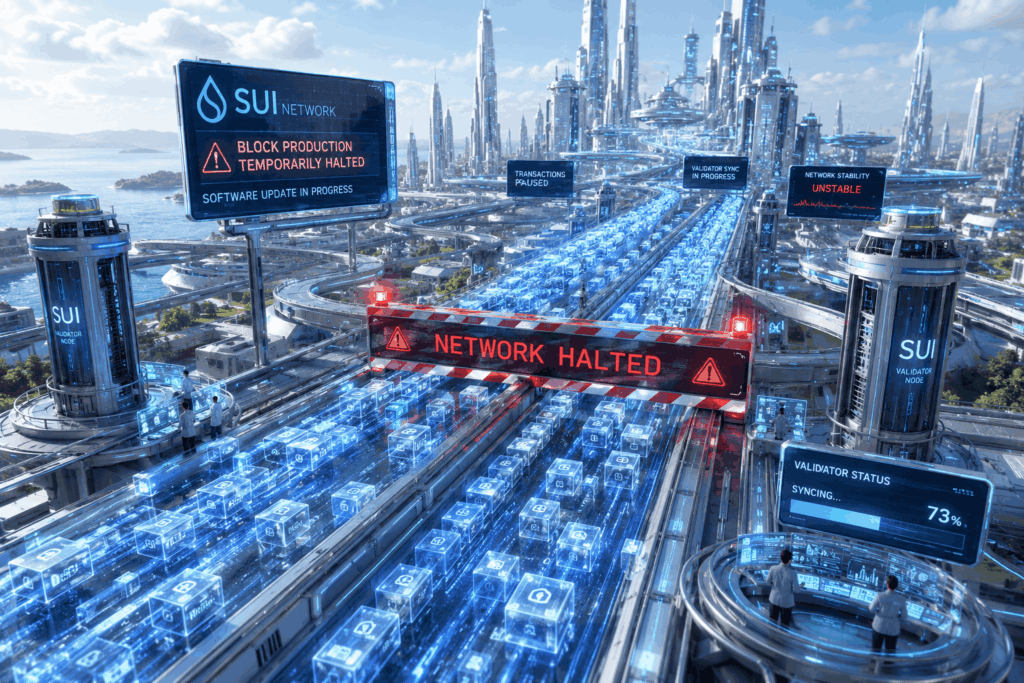 Futuristic data center cityscape with a red 'Network Halted' banner over glowing blue data cubes on a track by the coast.