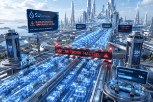 Futuristic data center cityscape with a red 'Network Halted' banner over glowing blue data cubes on a track by the coast.