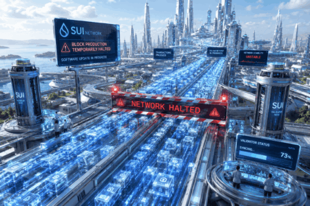 Jaringan Sui Kembali Gangguan Sementara Futuristic data center cityscape with a red 'Network Halted' banner over glowing blue data cubes on a track by the coast.