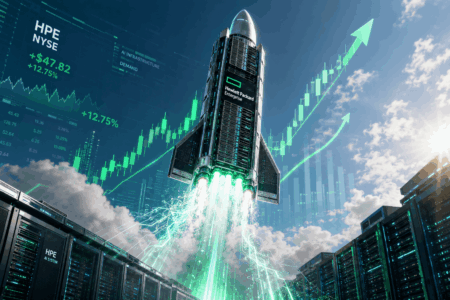 Saham HP Melonjak Berkat Bisnis AI Server Rocket-shaped HPE data center server launching upward amid rising green stock charts and clouds, symbolizing tech growth.