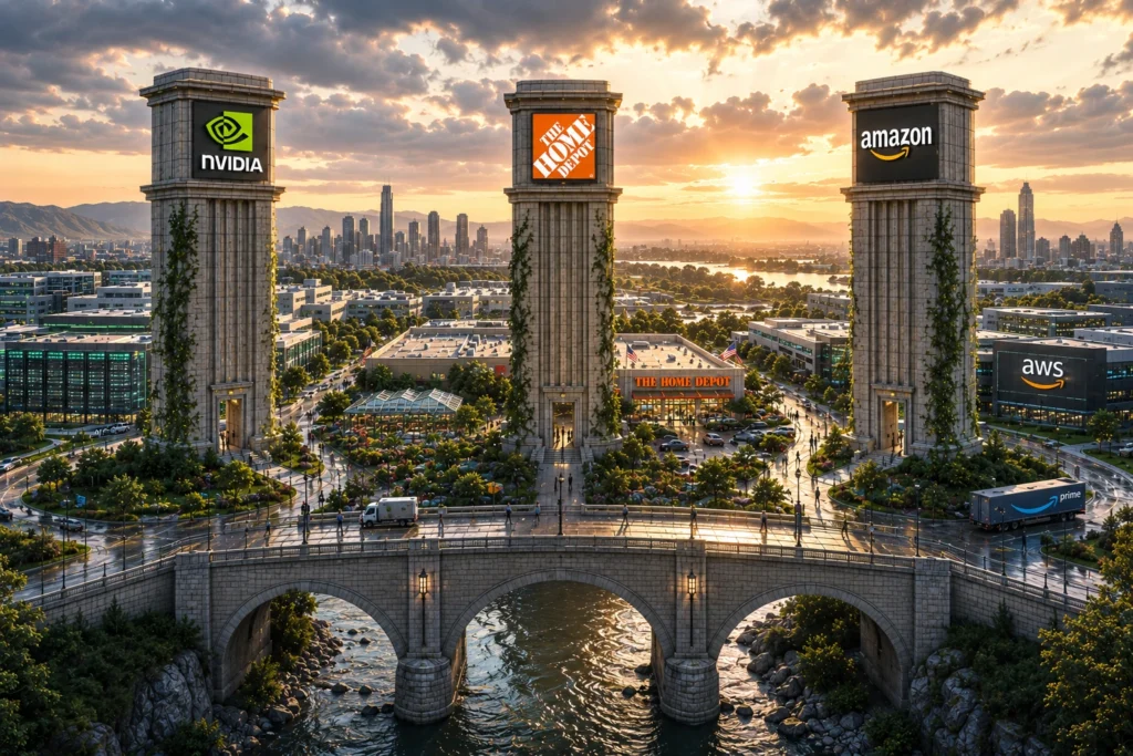 Three stone towers with Nvidia, The Home Depot, and Amazon logos overlook a city skyline at sunset, connected by a stone bridge over a river.