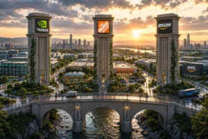 Three stone towers with Nvidia, The Home Depot, and Amazon logos overlook a city skyline at sunset, connected by a stone bridge over a river.