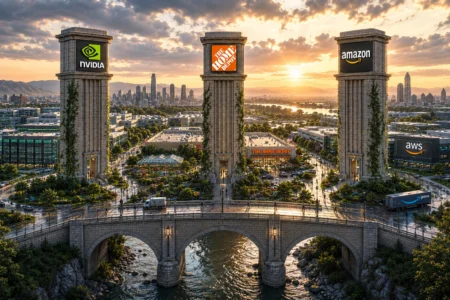 Three stone towers with Nvidia, The Home Depot, and Amazon logos overlook a city skyline at sunset, connected by a stone bridge over a river.