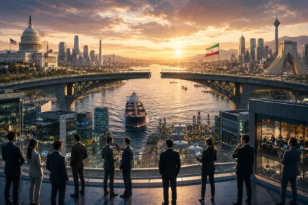 Businesspeople in suits stand on a glass-walled terrace overlooking a river, bridge, and city skyline at sunset with flags flying nearby.