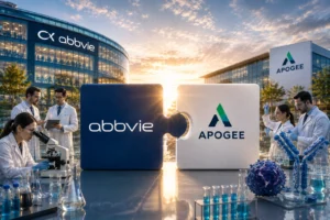 Two large puzzle pieces display Abbvie and Apogee logos on a sunlit research campus, with scientists in lab coats at a glass-walled building backdrop at sunrise.