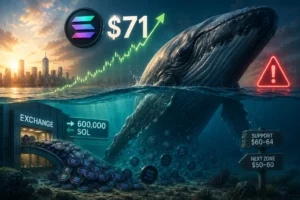 Whale breaching the ocean beside a crypto exchange scene, with Solana coins drifting underwater and a green upward price line near $71.