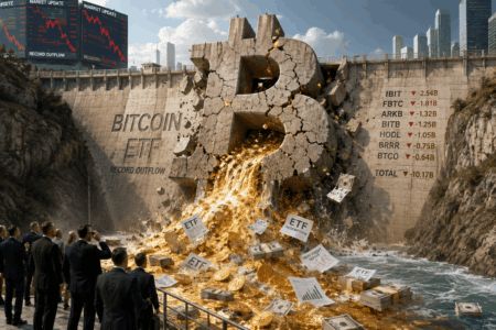 Dam shaped like a giant Bitcoin symbol cracks open, spilling gold coins, bars, and cash into a swollen river while suited onlookers photograph the scene; market screens show declines.