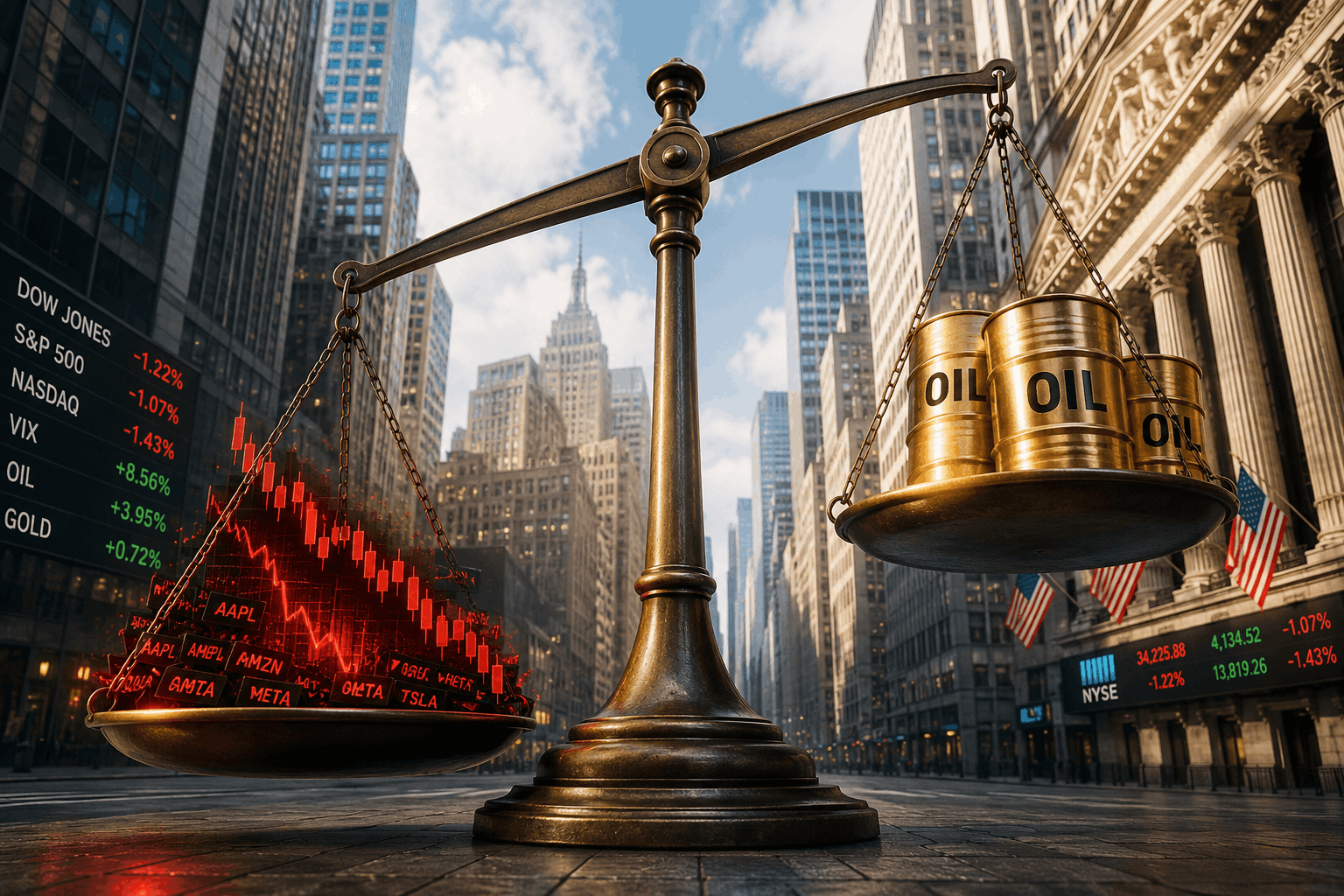Bronze balance scale with oil barrels on the right pan and stock market graphs on the left, in a city street backdrop.