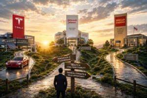 Man in a suit stands at a signpost with arrows reading Innovation & AI Leadership, Health & Long-Term Stability, and Financial Strength & Value Opportunity at a modern corporate campus at sunset.