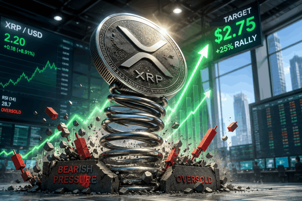 XR P coin perched on a spiraling spring as bullish market charts surge upward with green arrows in a trading floor setting.