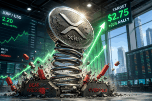 XR P coin perched on a spiraling spring as bullish market charts surge upward with green arrows in a trading floor setting.
