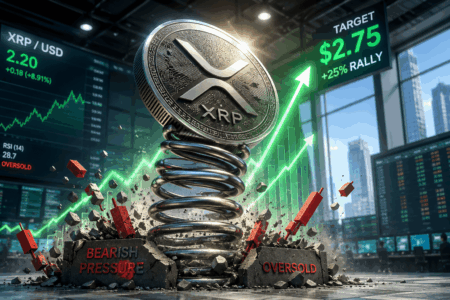 XR P coin perched on a spiraling spring as bullish market charts surge upward with green arrows in a trading floor setting.