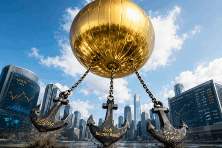 Giant golden sphere tethered by three anchors labeled 'Inflation', 'High Interest Rates', and 'Strong Dollar' above a city with stock screens.