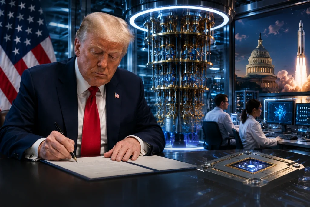 Man in a dark suit and red tie signs a document at a high-tech workspace with a U.S. flag in the background.
