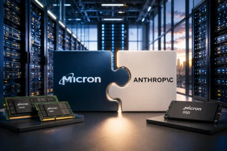 Server room foreground with two interlocking blocks labeled Micron and ANTHROPIC, flanked by DRAM, HBM, and SSD modules on a desk