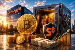 Bitcoin and gold coins spilling from a vault next to a shield with a Bitcoin symbol, with a Strategy-building skyline in the background at sunset.
