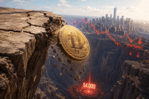 Gold Bitcoin coin tumbling off a rocky cliff toward a glowing 54,000 marker with a city skyline and bear market arrows in the background.