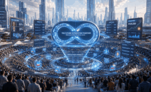 Crowd gathers in a high-tech circular arena around a glowing infinity loop with the text 'The Future Is Predicted Together' on a central screen (Meta Prediction Arena).