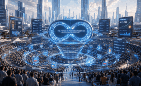 Crowd gathers in a high-tech circular arena around a glowing infinity loop with the text 'The Future Is Predicted Together' on a central screen (Meta Prediction Arena).