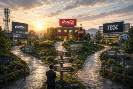 Sunset over a corporate campus with Coca‑Cola bottle sculpture, Verizon and IBM billboards, and a man in a suit reading wooden directional signs about strategy.