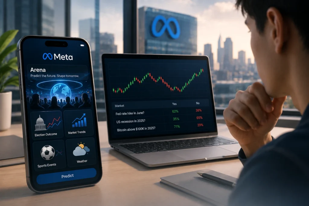Phone screen displaying Meta Arena app with sections: Election Outcome, Market Trends, Sports Events, Weather, and a Predict button.