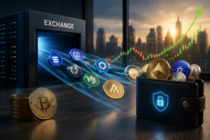 Coins of various crypto currencies flow from an exchange vault into a secure wallet with a shield icon, against a city skyline. (Informative)