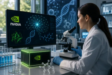 Scientist in a lab using a microscope; monitor shows Nvidia logo and DNA graphics.