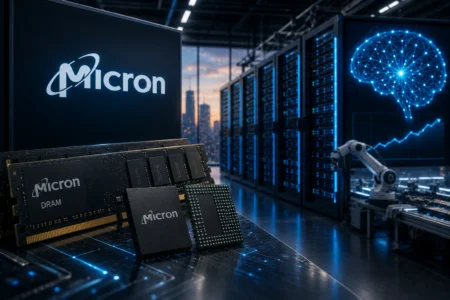 Micron DRAM memory modules on a workbench in a data center, with blue-lit server racks and a robotic arm in the background.