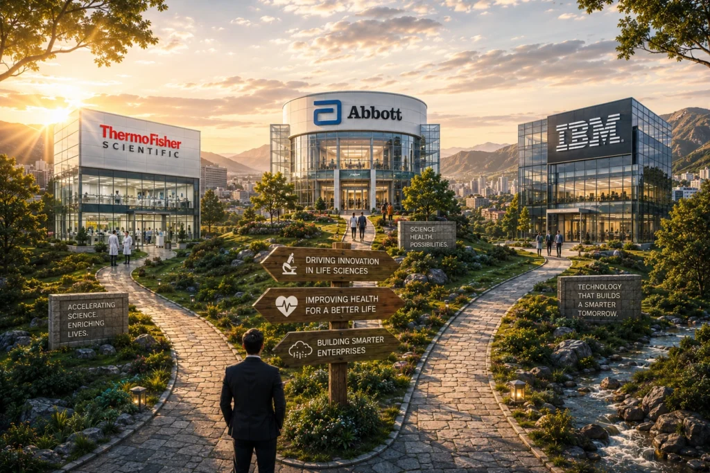 Modern science campus with a circular Abbott building in the center, ThermoFisher left, IBM right, and a landscaped path lined with trees and rocks under a sunset sky.
