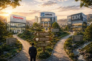 Modern science campus with a circular Abbott building in the center, ThermoFisher left, IBM right, and a landscaped path lined with trees and rocks under a sunset sky.