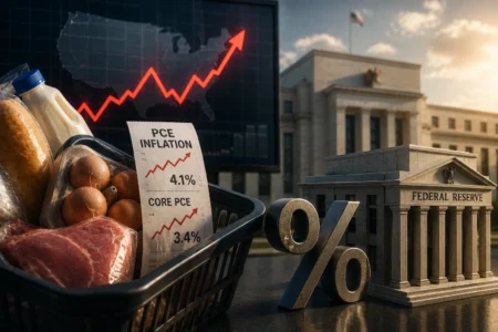 Grocery basket with eggs, milk and meat beside a rising inflation chart and a Federal Reserve building in the background, with PCE inflation labels 4.1% and Core PCE 3.4%.