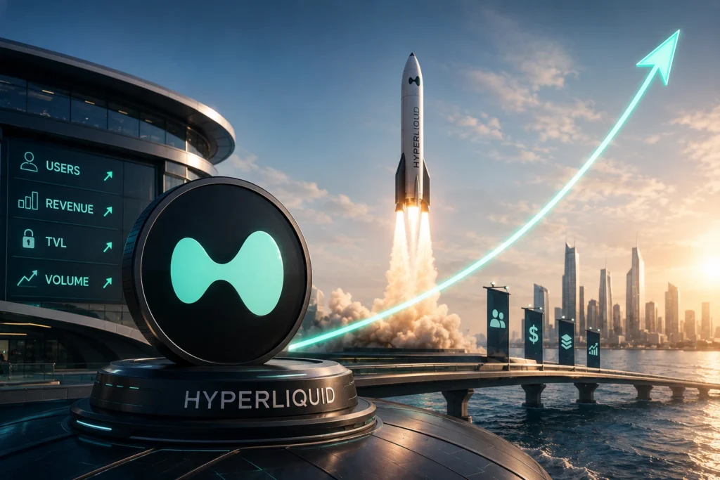 HyperLiquid logo on a futuristic platform with a rocket launch and a glowing upward-trending arrow over a city skyline.