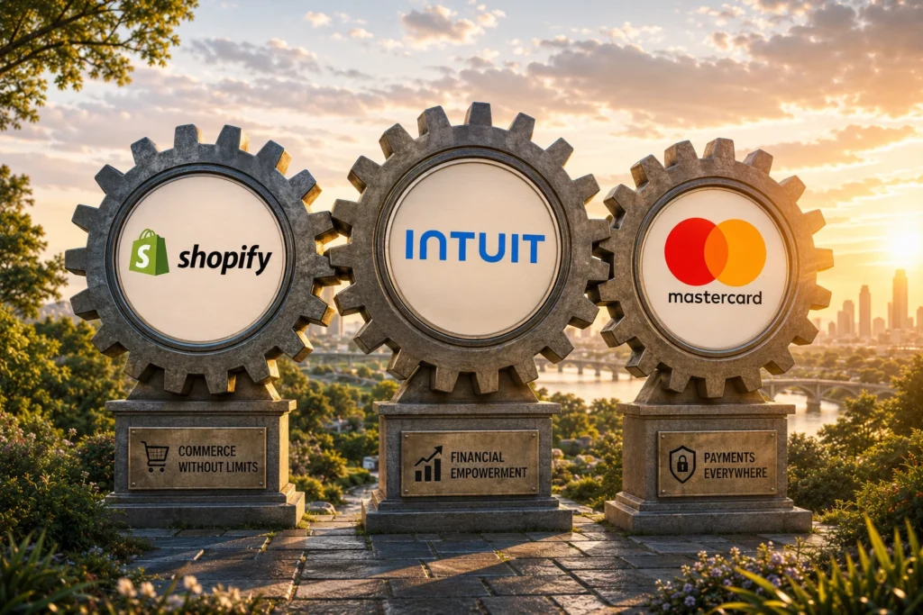 Three large interconnected gears displaying the logos of Shopify, Intuit, and Mastercard against a sunset cityscape; bases read 'Commerce Without Limits', 'Financial Empowerment', and 'Payments Everywhere'