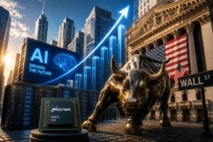 Bronze bull statue on a city street beside a Wall Street sign, with a large digital billboard reading 'AI Driving the Future' and a rising bar chart behind it.
