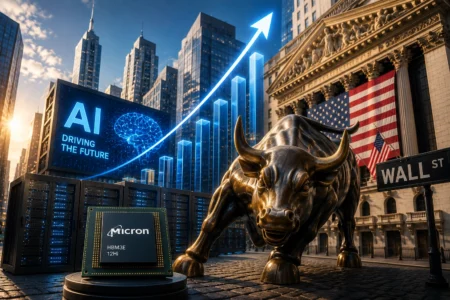 Bronze bull statue on a city street beside a Wall Street sign, with a large digital billboard reading 'AI Driving the Future' and a rising bar chart behind it.
