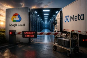 A data center doorway with a Google Cloud sign beside a truck labeled Meta, barrier reading Capacity Limited in the foreground, and server racks visible inside.