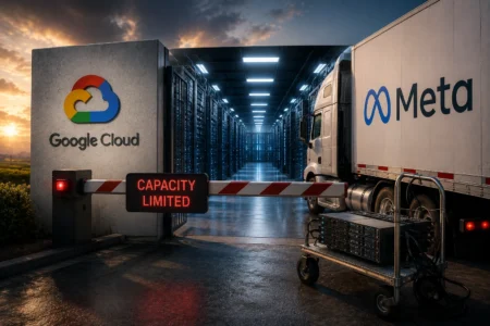A data center doorway with a Google Cloud sign beside a truck labeled Meta, barrier reading Capacity Limited in the foreground, and server racks visible inside.