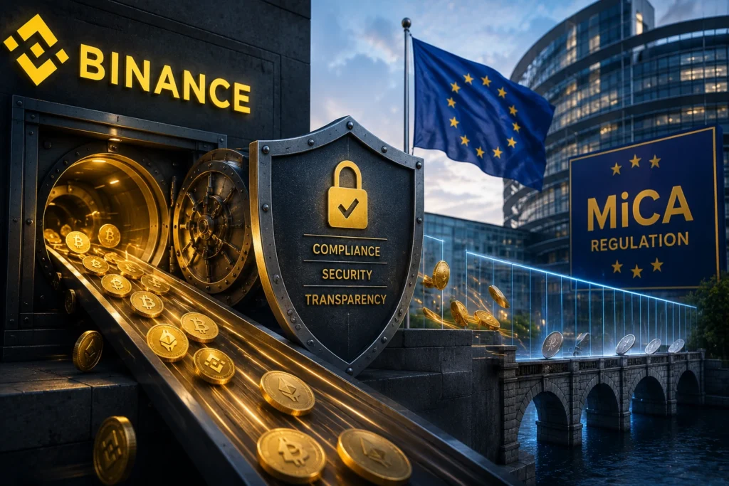 Cryptocurrency vault with gold coins spilling onto a conveyor, shield labeled Compliance, Security, Transparency, EU flag, and MiCA Regulation sign in a modern cityscape.